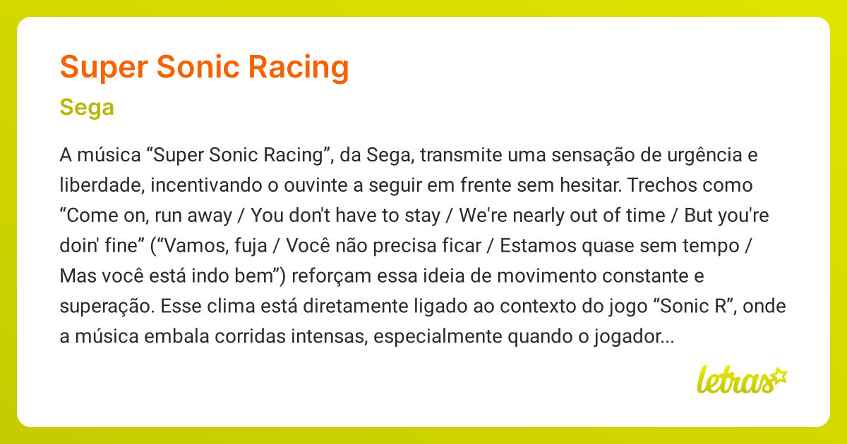 Significado da música SUPER SONIC RACING (Sega) - LETRAS.MUS.BR