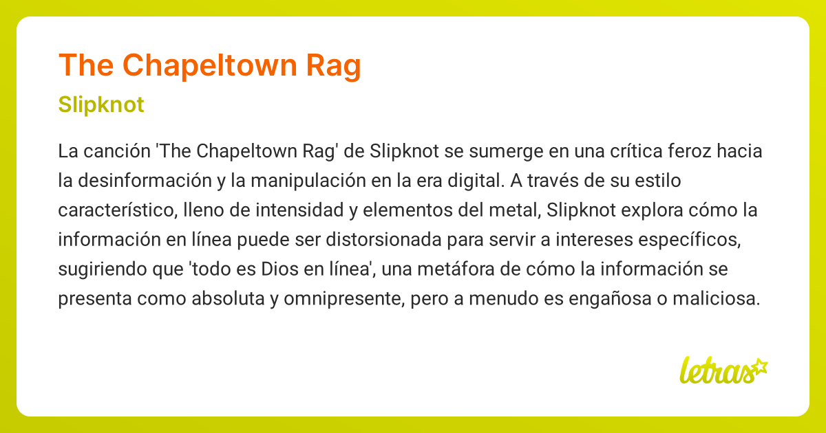 Significado de la canción THE CHAPELTOWN RAG (Slipknot) - LETRAS.COM