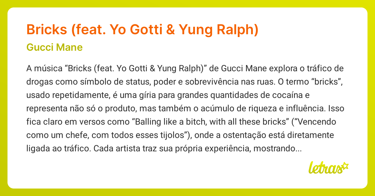 Significado da música Bricks (feat. Yo Gotti & Yung Ralph) (Gucci Mane ...