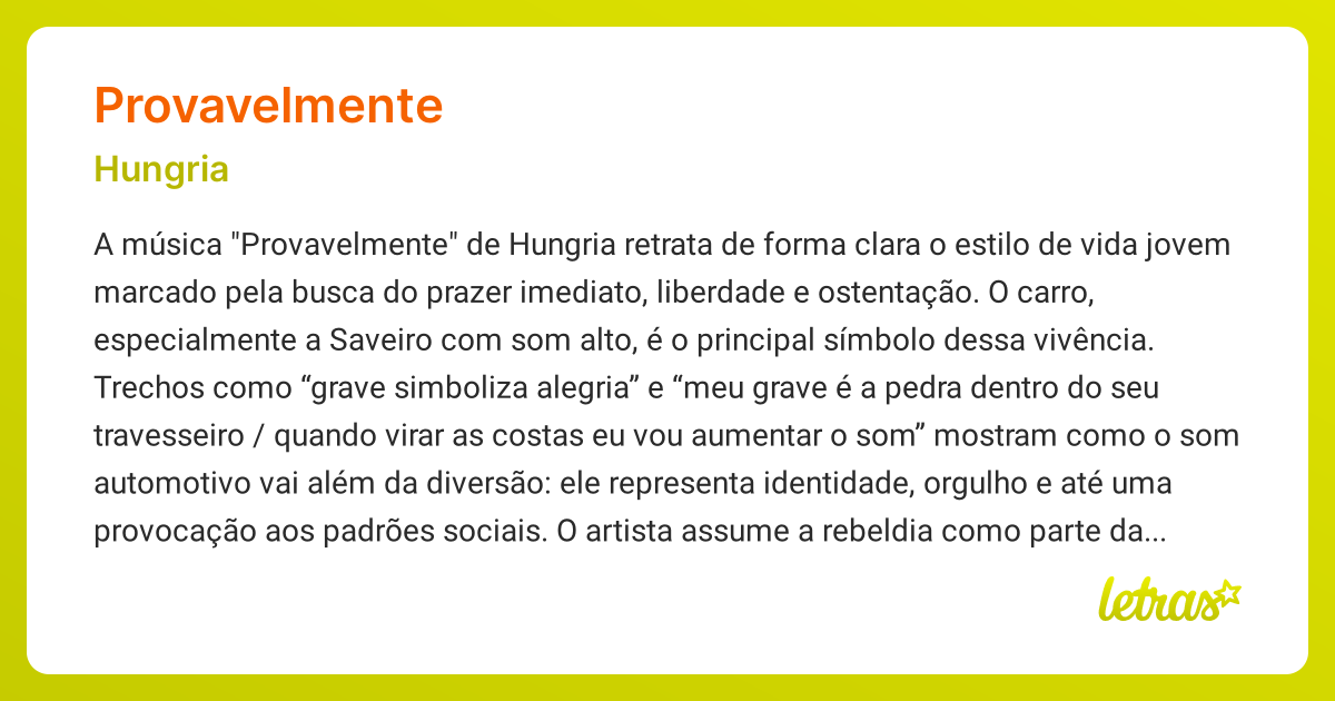 Significado da música PROVAVELMENTE (Hungria) - LETRAS.MUS.BR