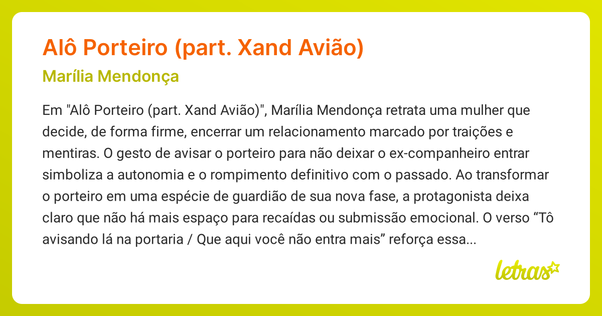 Significado da msica Al Porteiro (part. Xand Avio) (Marlia Mendona) -  LETRAS.MUS.BR