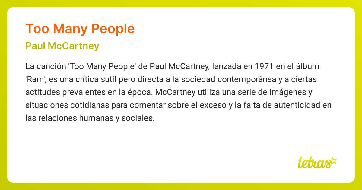 Significado de la canción TOO MANY PEOPLE (Paul McCartney) - LETRAS.COM