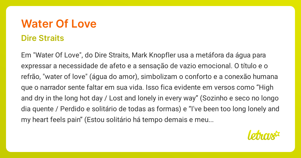 Significado da música WATER OF LOVE (Dire Straits) LETRAS.MUS.BR