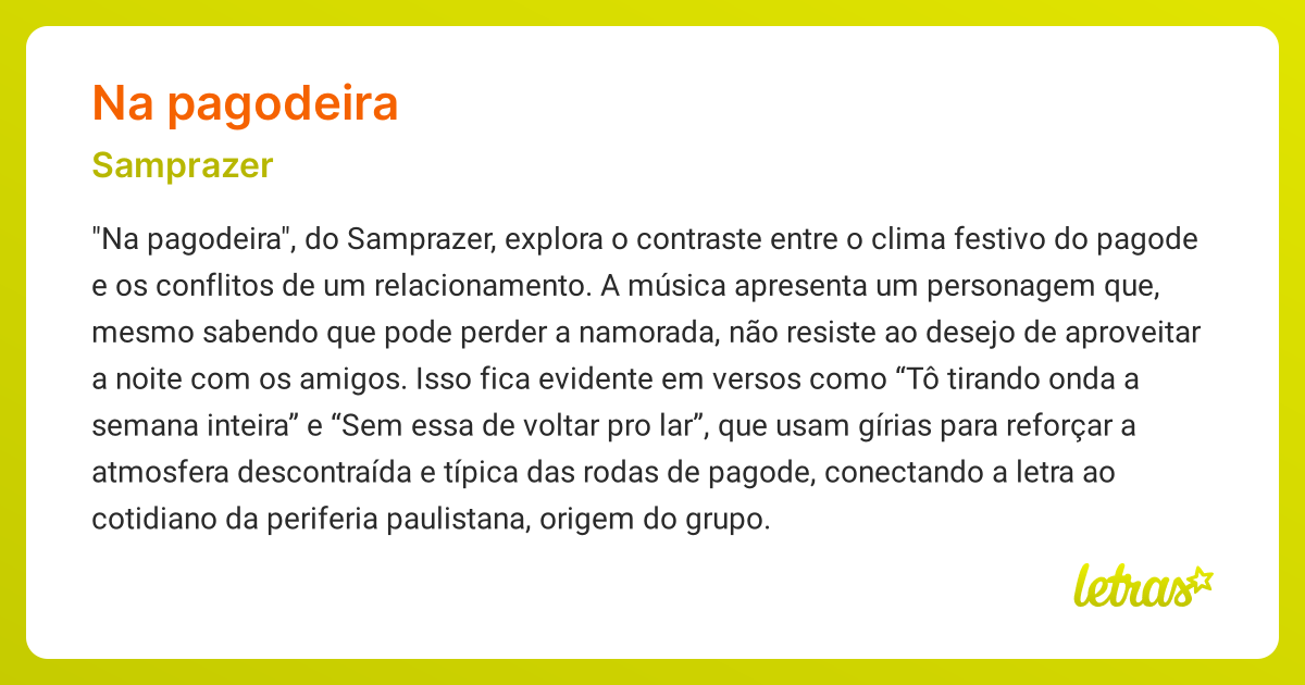 Significado da música NA PAGODEIRA (Samprazer) - LETRAS.MUS.BR