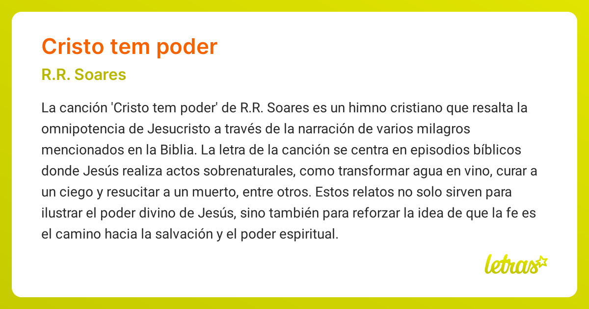 Significado de la canción CRISTO TEM PODER (R.R. Soares) - LETRAS.COM