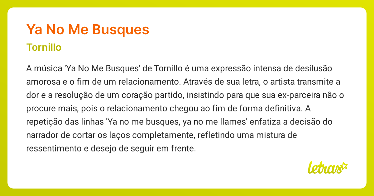 Significado da música YA NO ME BUSQUES (Tornillo) LETRAS.MUS.BR
