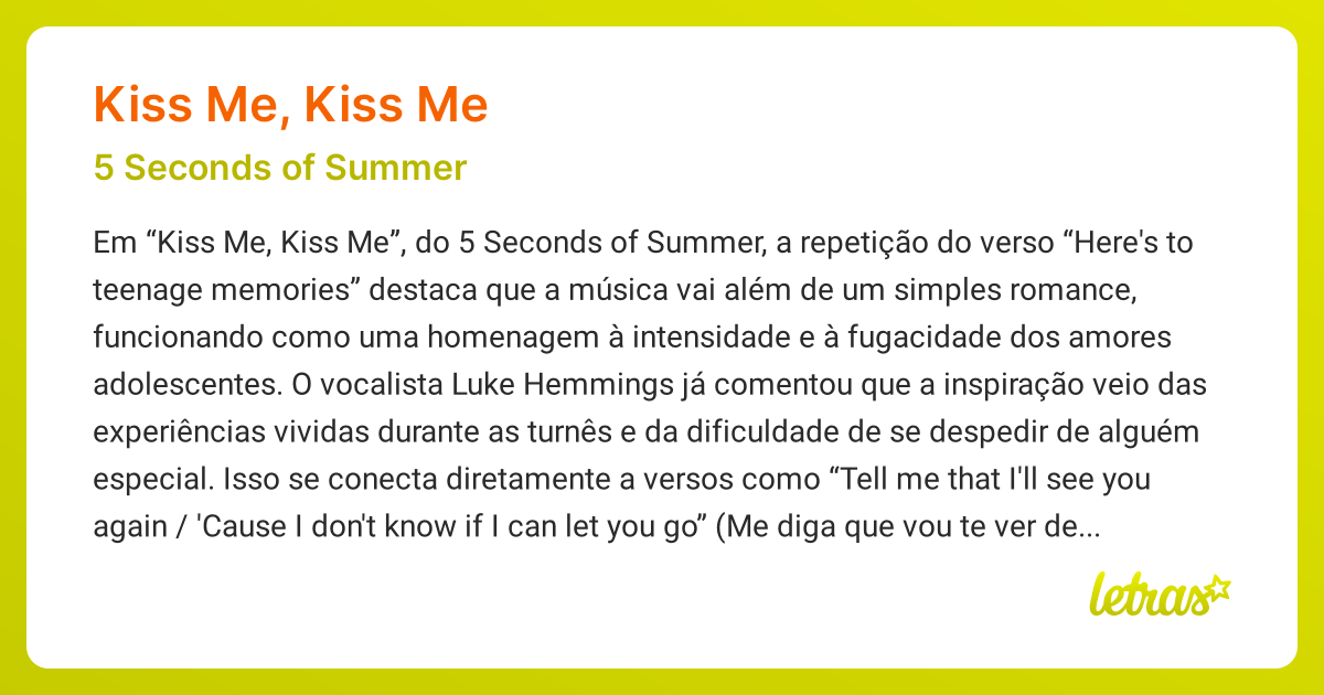 Significado da música KISS ME, KISS ME (5 Seconds of Summer) - LETRAS ...