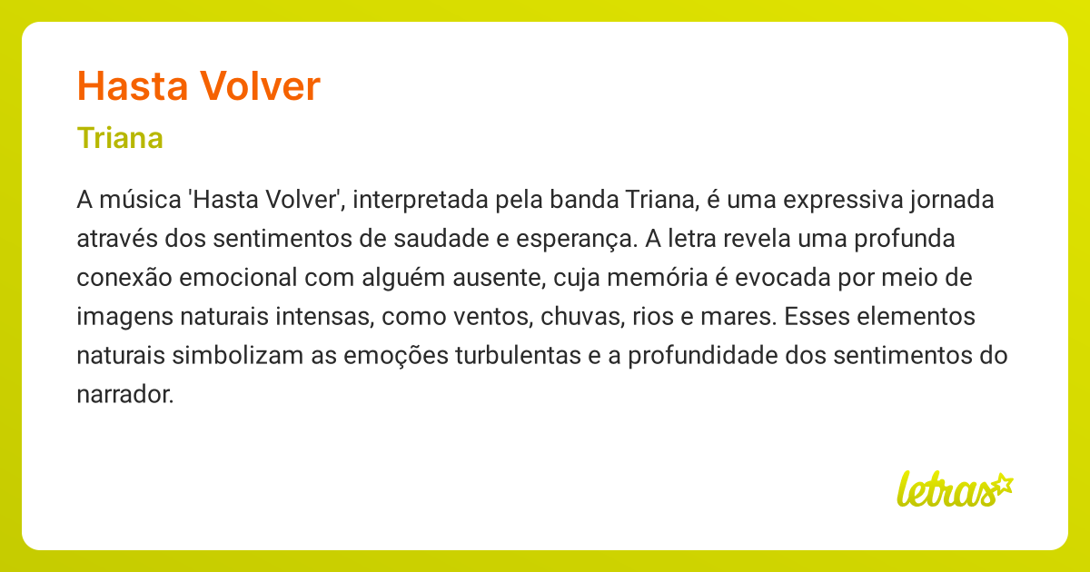 Significado da música HASTA VOLVER (Triana) - LETRAS.MUS.BR