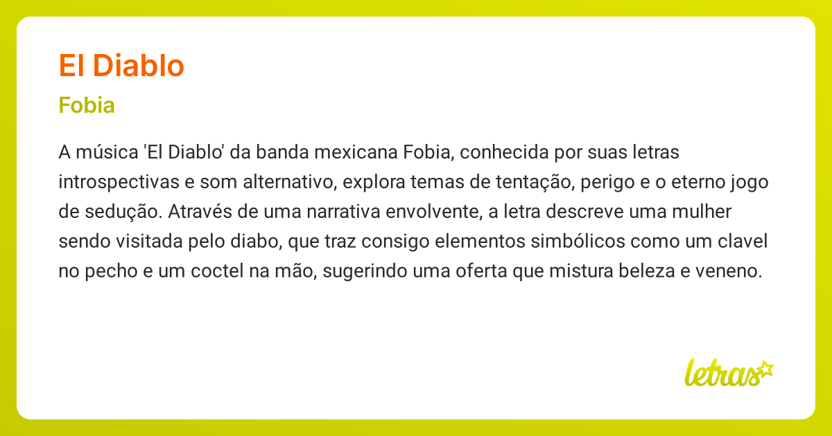 Significado da música EL DIABLO (Fobia) - LETRAS.MUS.BR