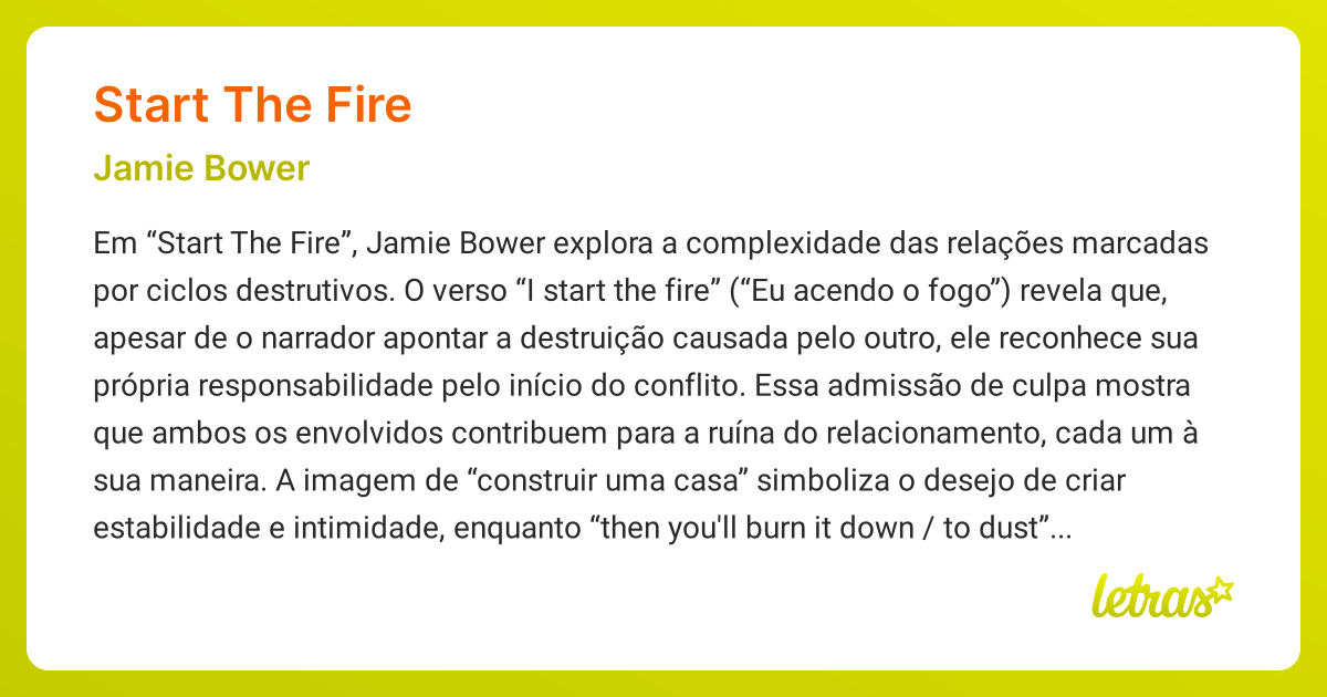 Significado da música START THE FIRE (Jamie Bower) - LETRAS.MUS.BR