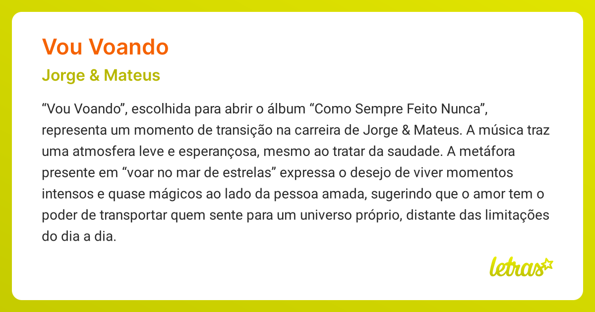 Significado da música VOU VOANDO (Jorge & Mateus) - LETRAS.MUS.BR