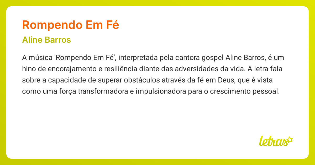 Significado da música ROMPENDO EM FÉ (Aline Barros) - LETRAS.MUS.BR