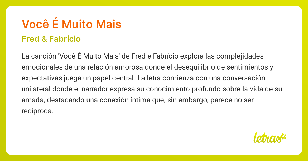 Significado de la canción VOCÊ É MUITO MAIS (Fred & Fabrício) - LETRAS.COM