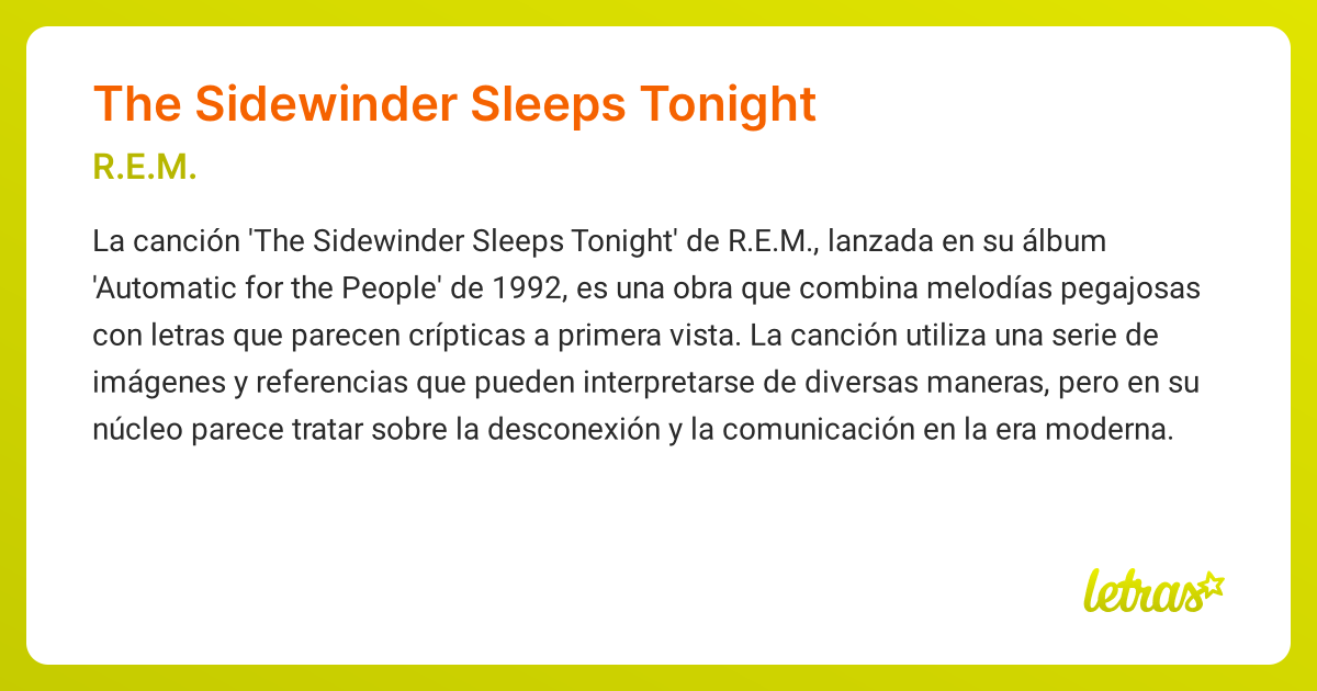 Rem Sidewinder Sleeps Tonight Lyrics Meaning