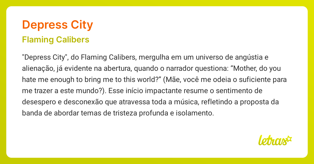 Significado da música DEPRESS CITY (Flaming Calibers) - LETRAS.MUS.BR