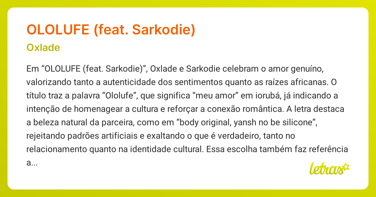 Significado da música OLOLUFE (FEAT. SARKODIE) (Oxlade) - LETRAS.MUS.BR