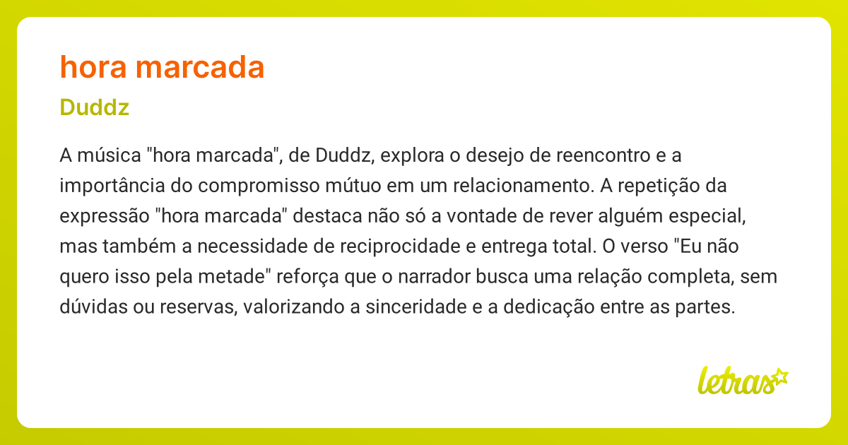 Significado da música HORA MARCADA (Duddz) - LETRAS.MUS.BR