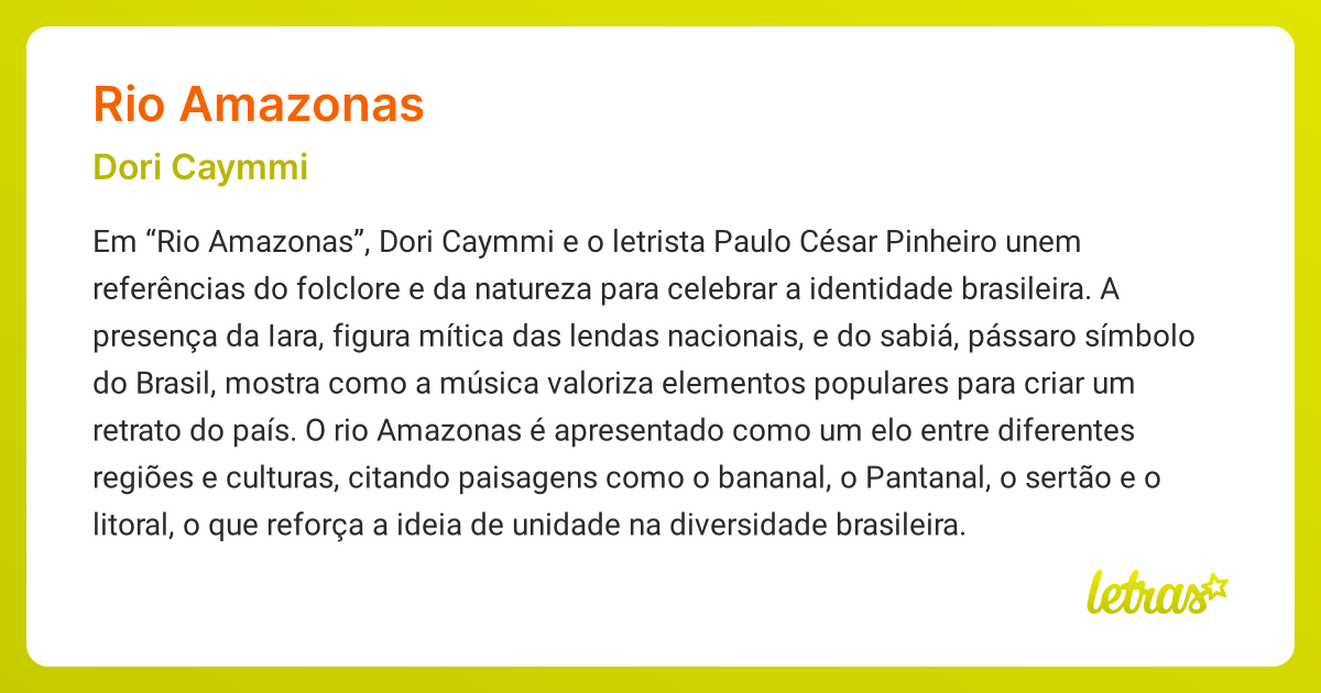 Significado da música RIO AMAZONAS (Dori Caymmi) - LETRAS.MUS.BR
