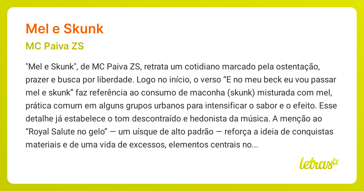 Significado da música MEL E SKUNK (MC Paiva ZS) - LETRAS.MUS.BR