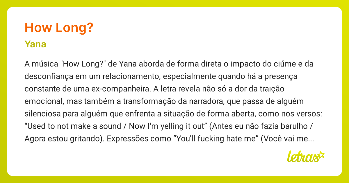 Significado da música HOW LONG? (Yana) - LETRAS.MUS.BR