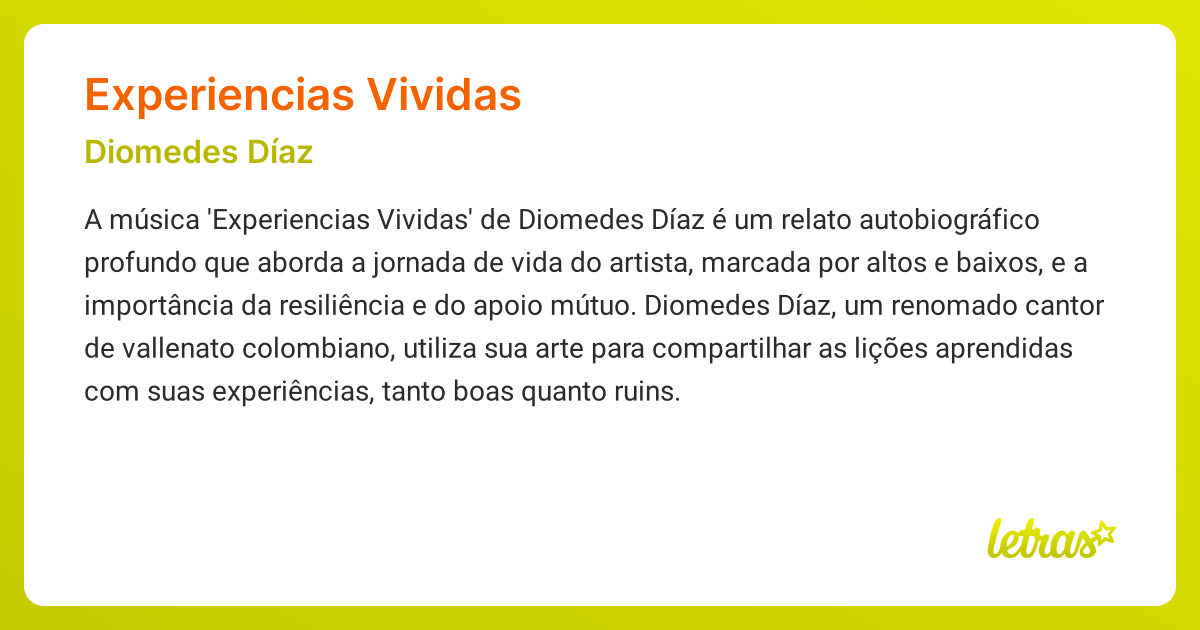 Significado da música EXPERIENCIAS VIVIDAS ( Diomedes Díaz) - LETRAS.MUS.BR