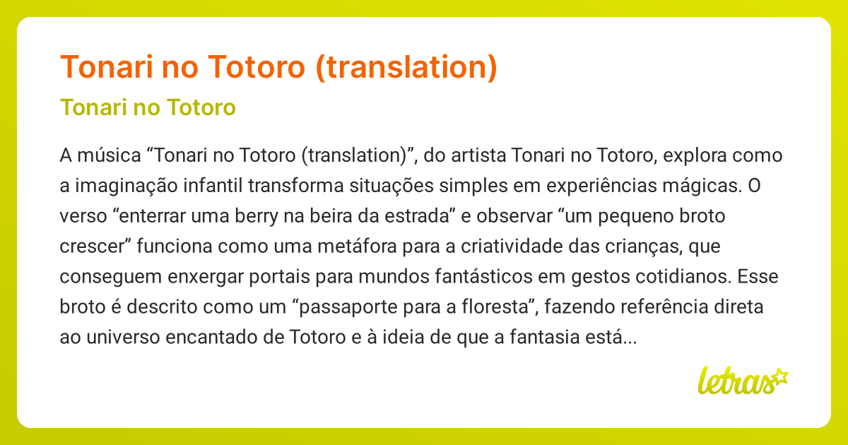 Significado da música TONARI NO TOTORO (TRANSLATION) (Tonari no Totoro ...