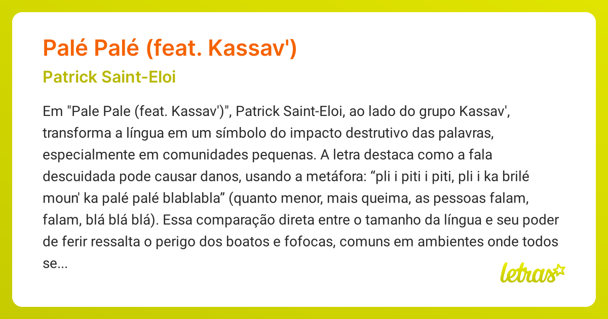 Significado da música PALÉ PALÉ (FEAT. KASSAV') (Patrick Saint-Eloi ...
