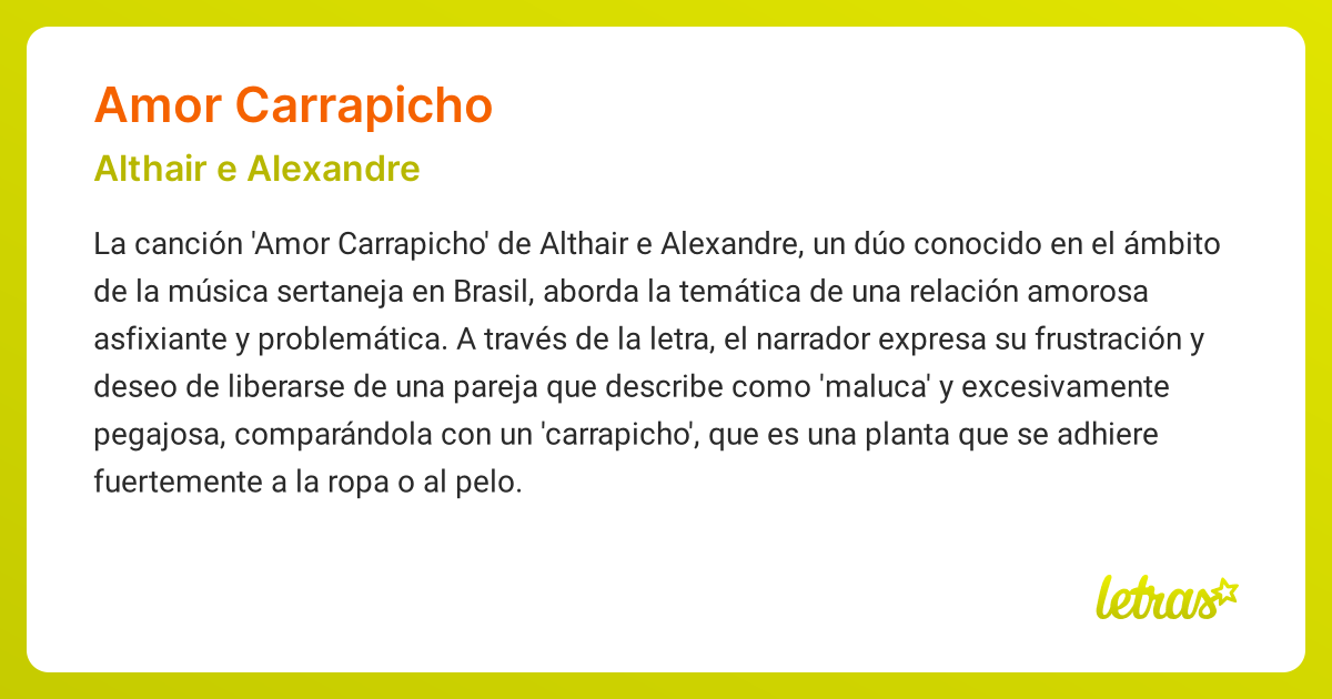 Significado de la cancion AMOR CARRAPICHO Althair e Alexandre LETRAS.COM