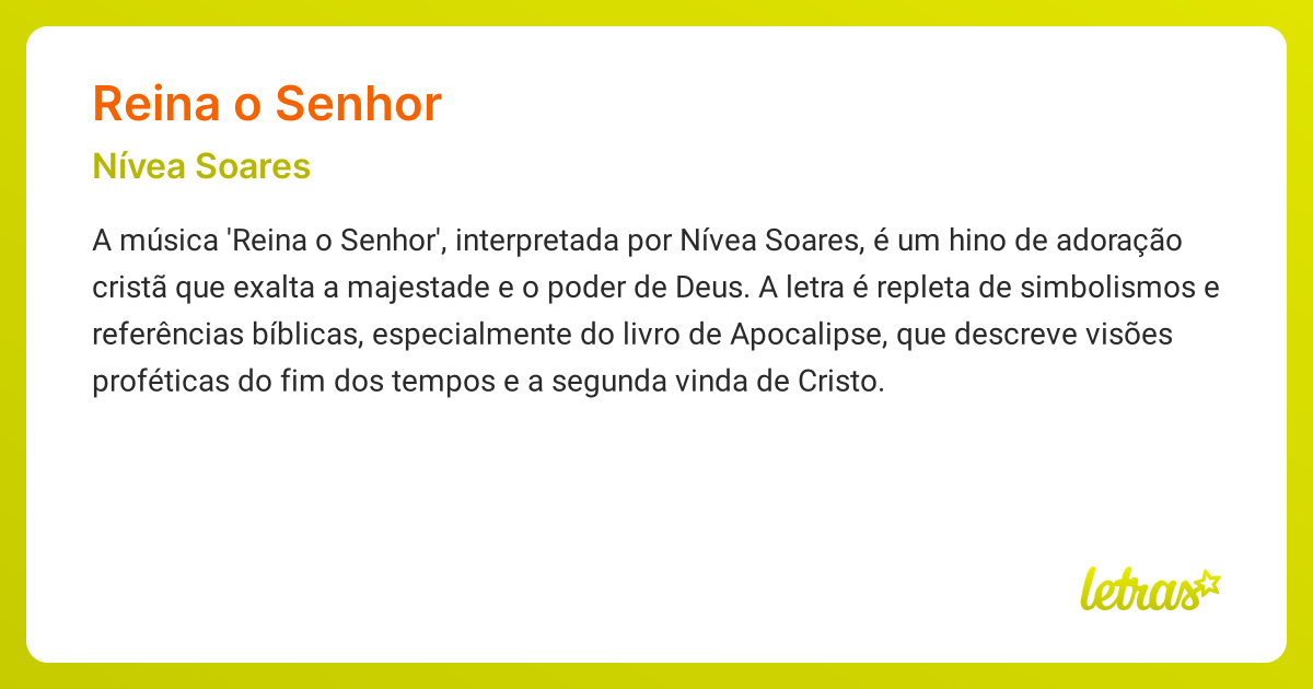 Significado da música REINA O SENHOR (Nívea Soares) - LETRAS.MUS.BR