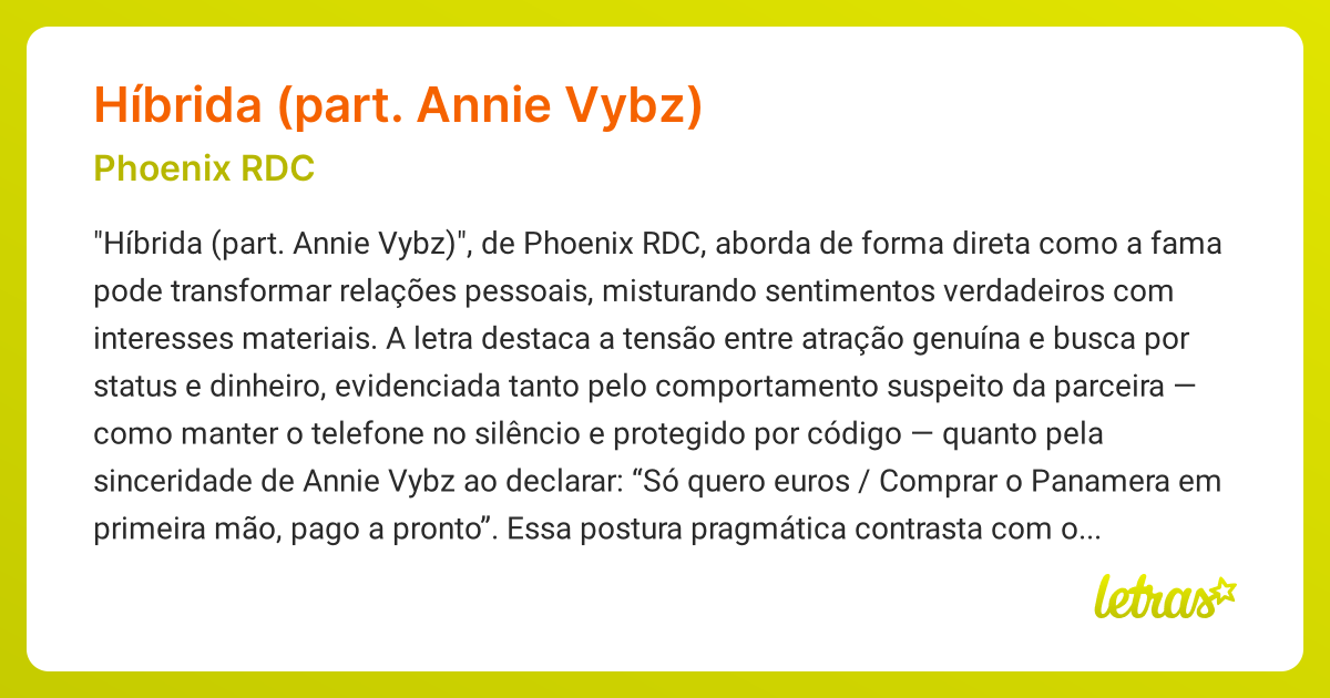 Significado da música HÍBRIDA (PART. ANNIE VYBZ) (Phoenix RDC) - LETRAS ...