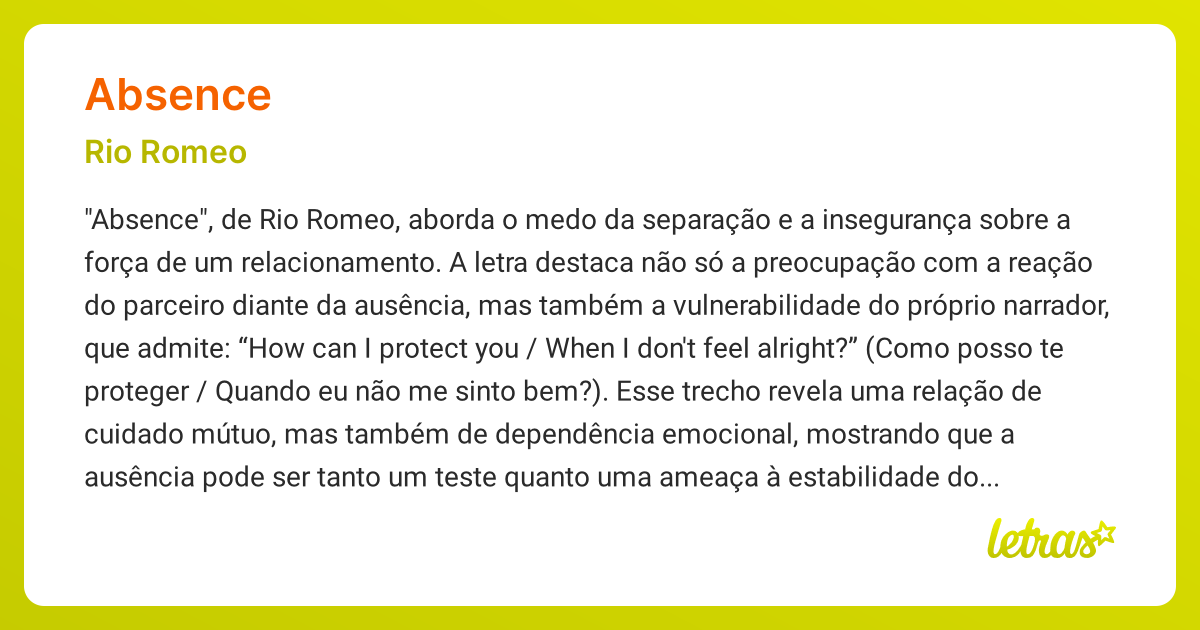 Significado da música ABSENCE (Rio Romeo) - LETRAS.MUS.BR