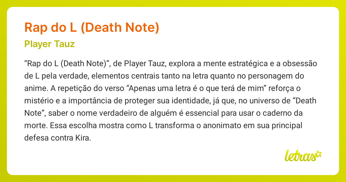 Significado da música RAP DO L (DEATH NOTE) (Player Tauz) - LETRAS.MUS.BR