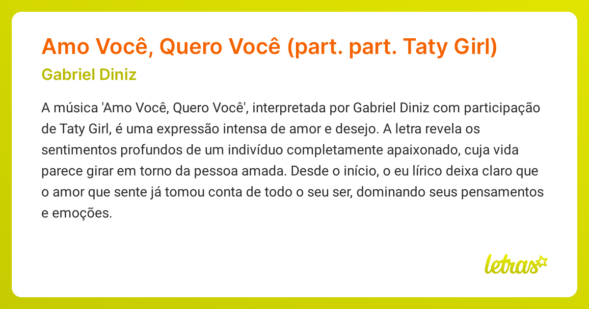 Significado da música Amo Você, Quero Você (part. part. Taty Girl) (Gabriel  Diniz) - LETRAS.MUS.BR