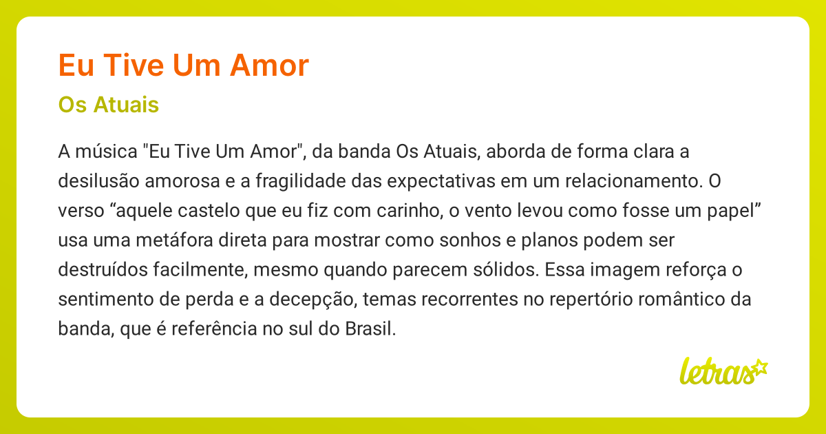 Significado da música EU TIVE UM AMOR (Os Atuais) - LETRAS.MUS.BR