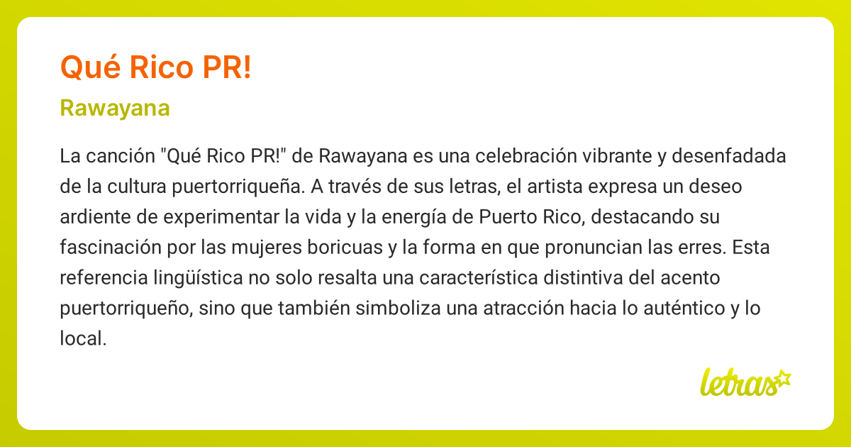 Significado de la canción QUÉ RICO PR! (Rawayana) - LETRAS.COM