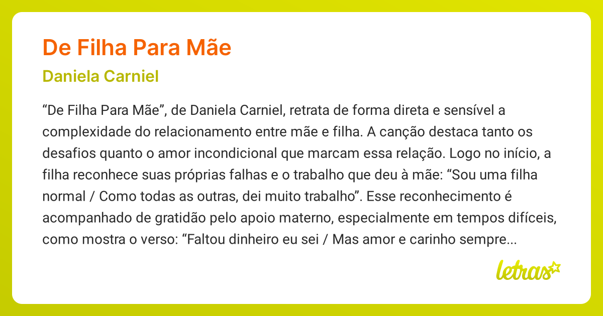 Significado da música DE FILHA PARA MÃE (Daniela Carniel) - LETRAS.MUS.BR