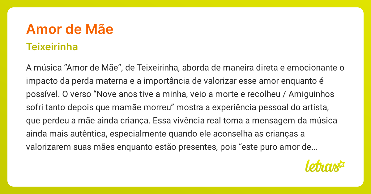 Significado da música AMOR DE MÃE (Teixeirinha) - LETRAS.MUS.BR
