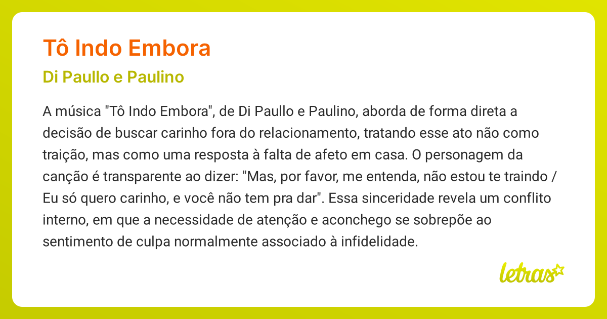 Significado da música TÔ INDO EMBORA (Di Paullo e Paulino) - LETRAS.MUS.BR