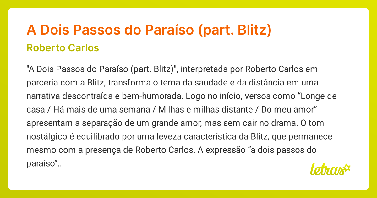 Significado da música A Dois Passos do Paraíso (part. Blitz) (Roberto ...