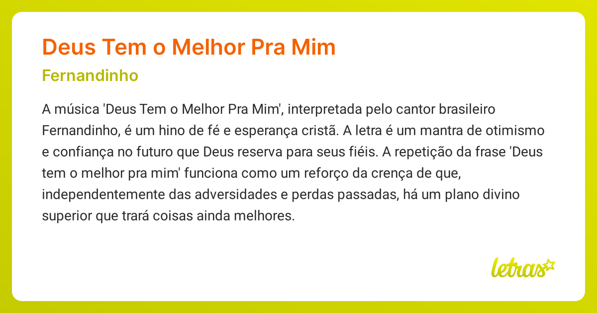 Significado da música DEUS TEM O MELHOR PRA MIM (Fernandinho) - LETRAS ...
