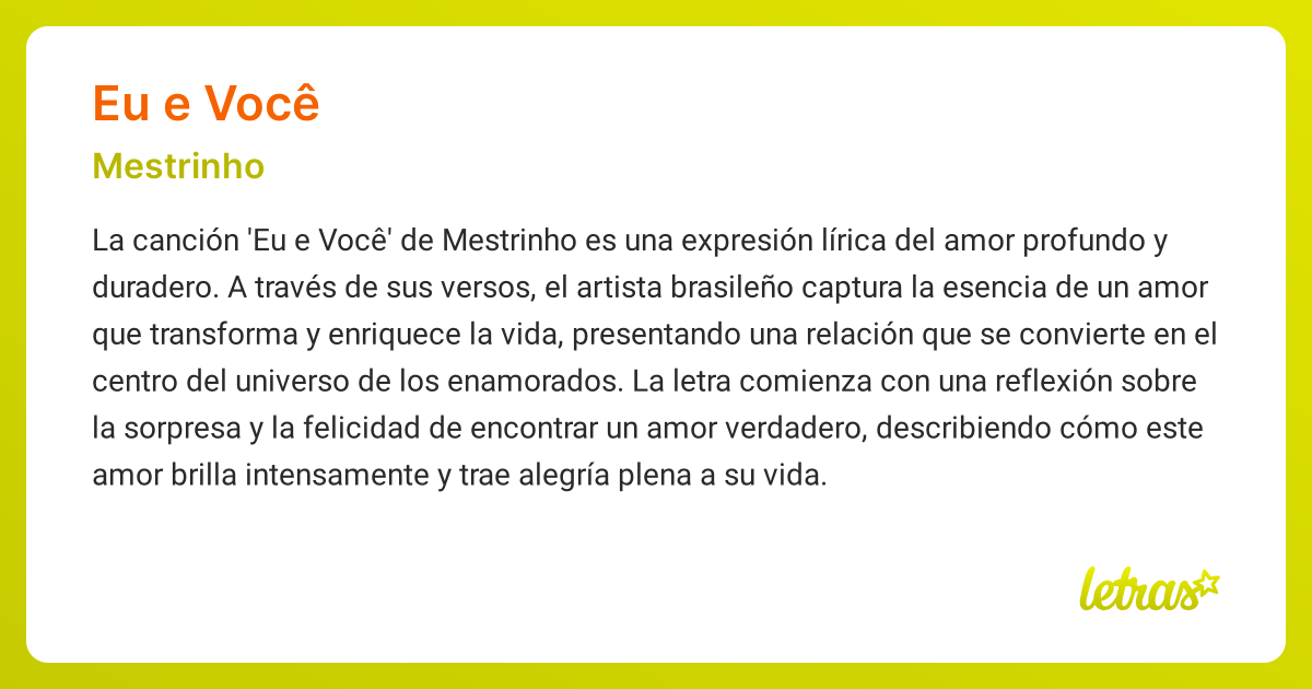 Significado de la canción EU E VOCÊ (Mestrinho) - LETRAS.COM