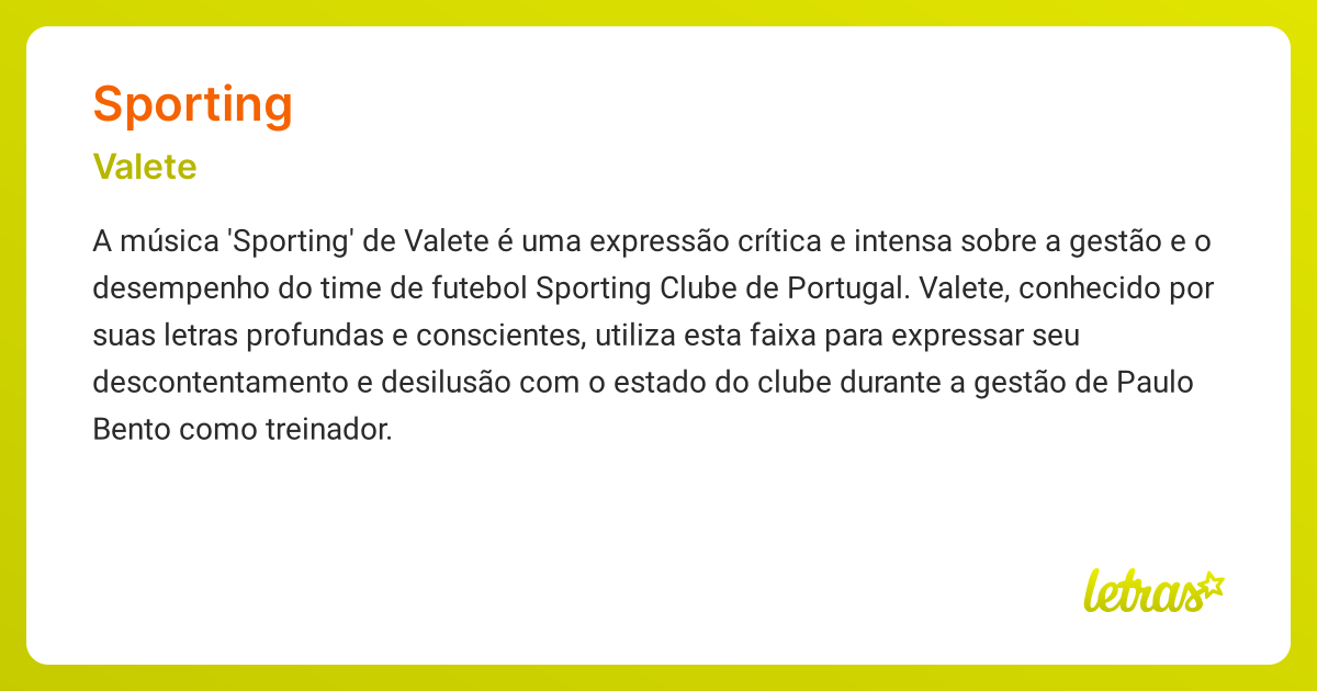 Significado da música SPORTING (Valete) - LETRAS.MUS.BR