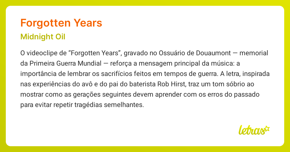 Significado da música FORGOTTEN YEARS (Midnight Oil) - LETRAS.MUS.BR