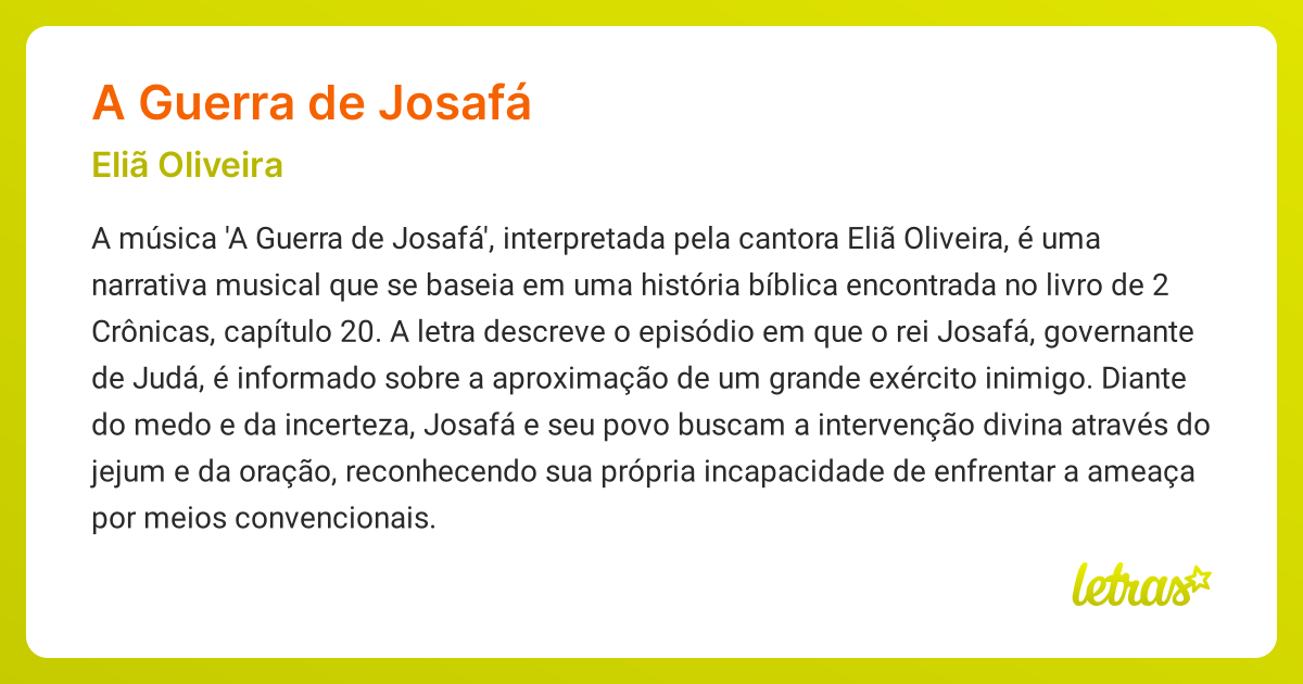 Significado da música A GUERRA DE JOSAFÁ (Eliã Oliveira) - LETRAS.MUS.BR