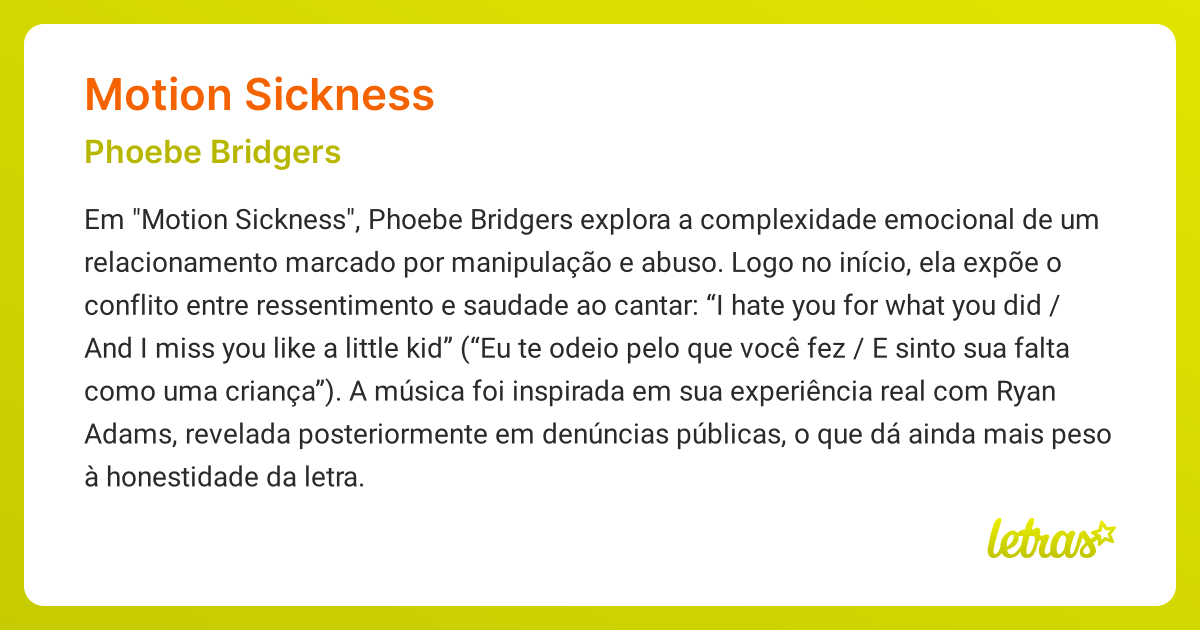 Significado da música MOTION SICKNESS (Phoebe Bridgers) LETRAS.MUS.BR