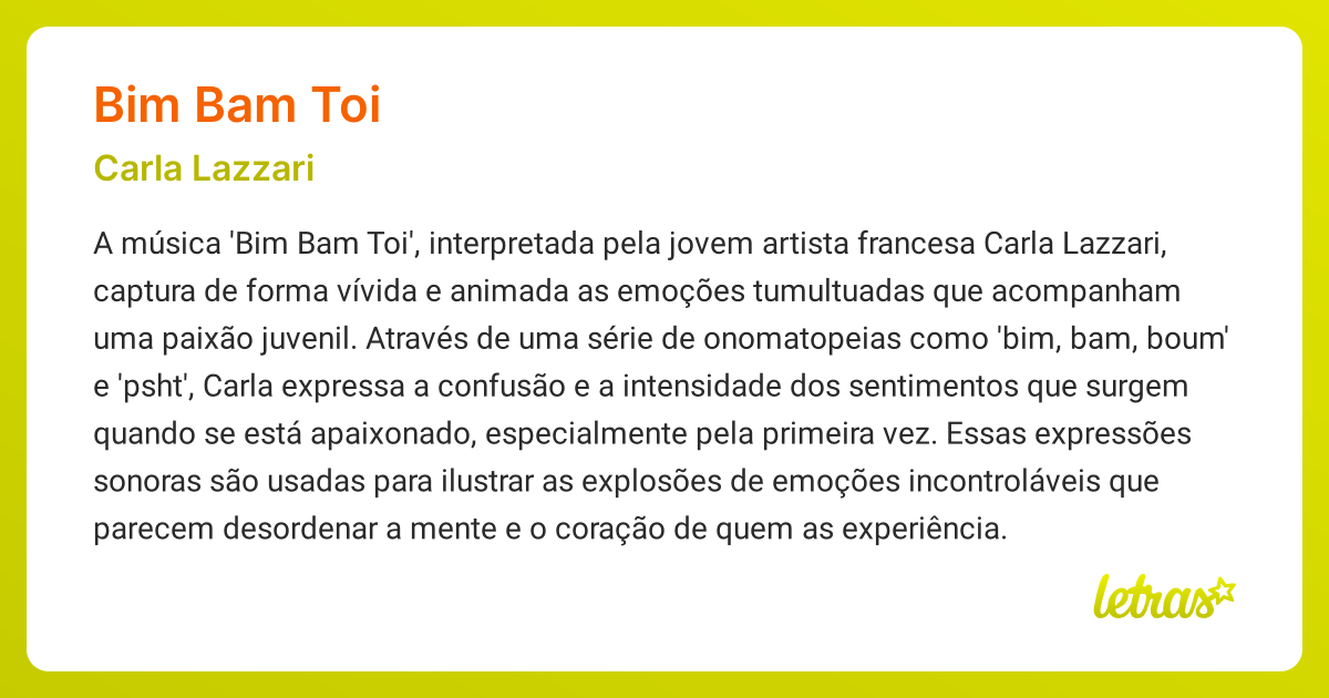 Significado da música BIM BAM TOI (Carla Lazzari) - LETRAS.MUS.BR