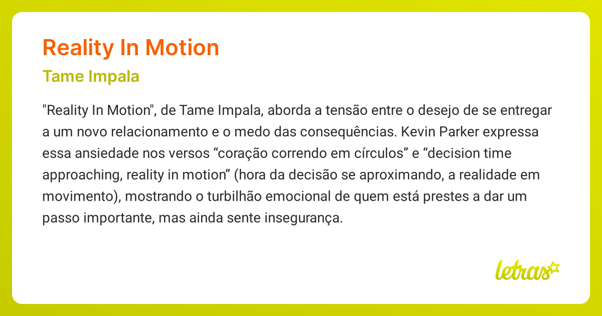 Significado da música REALITY IN MOTION (Tame Impala) - LETRAS.MUS.BR