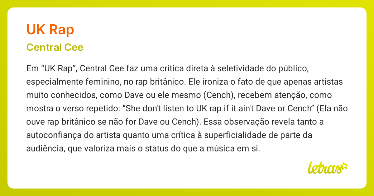 Significado da música UK RAP (Central Cee) - LETRAS.MUS.BR