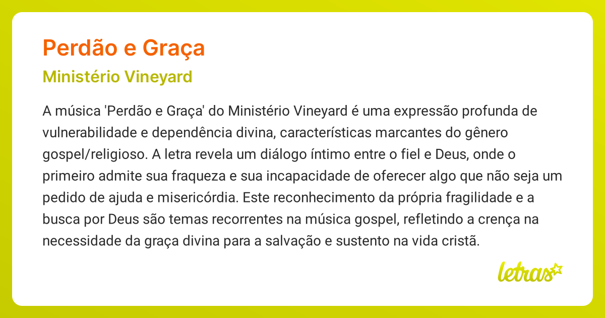 Significado da música PERDÃO E GRAÇA (Ministério Vineyard) - LETRAS.MUS.BR
