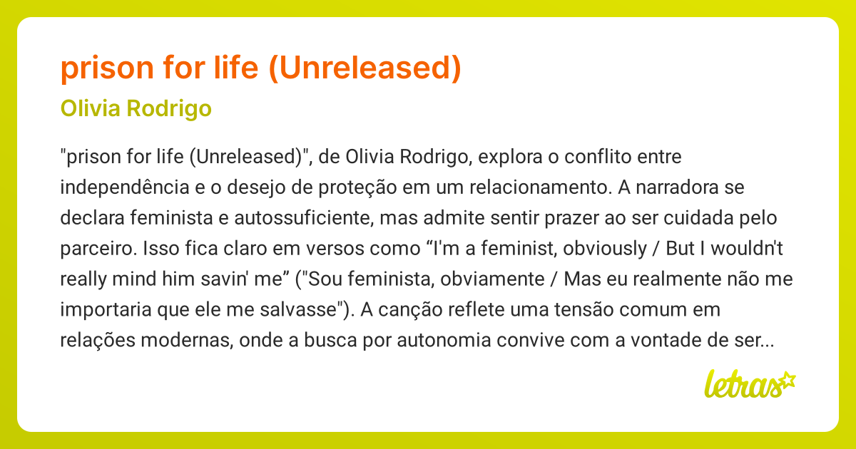 Significado da música PRISON FOR LIFE (UNRELEASED) (Olivia Rodrigo) LETRAS.MUS.BR
